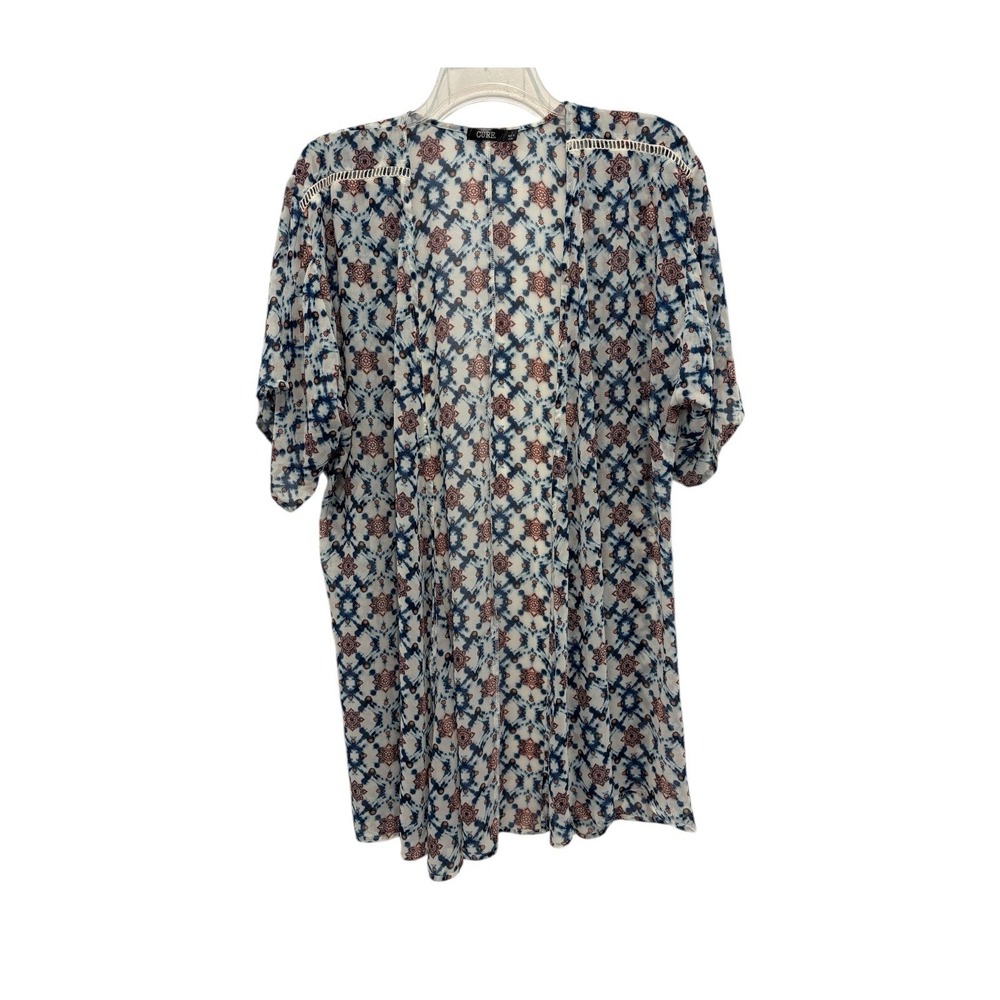 Cure Top Womens Large Wrap Ivory Blue Rust Geometric Sheer Lace Trim At Shoulder